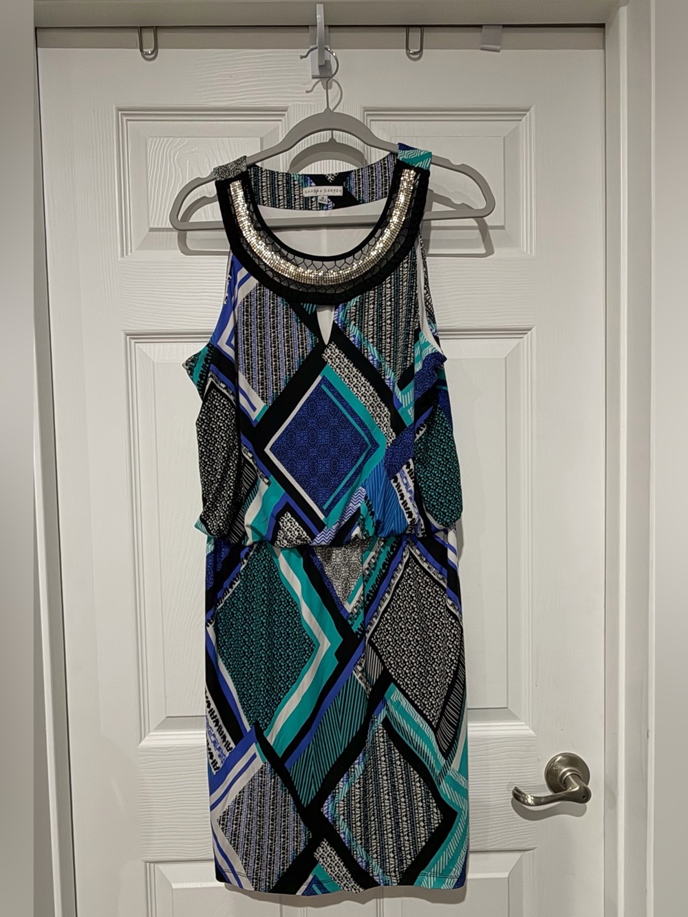 Sandra Darren Beaded-Neck Geometric Print Dress - Teal/Blue/Black